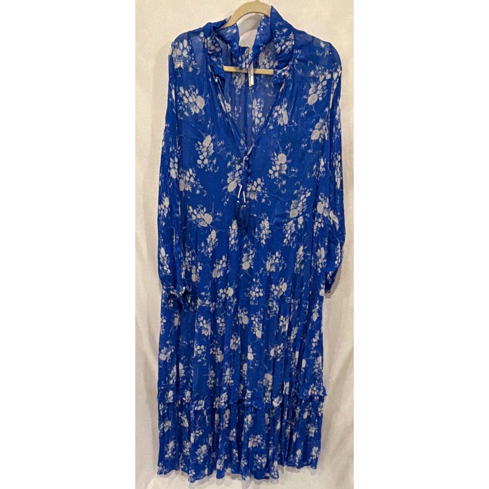 Anthropologie Blue/White Floral Midi Dress Long Sleeve Ruffle Pleated 2X